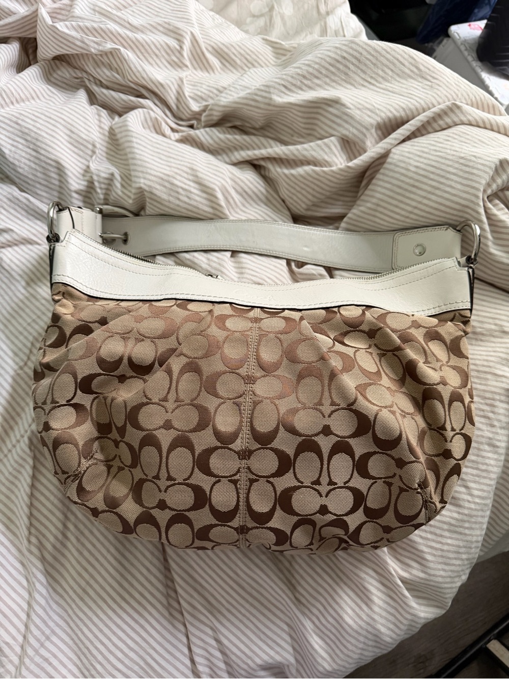 Coach Beige Signature Canvas Shoulder Bag with White Trim